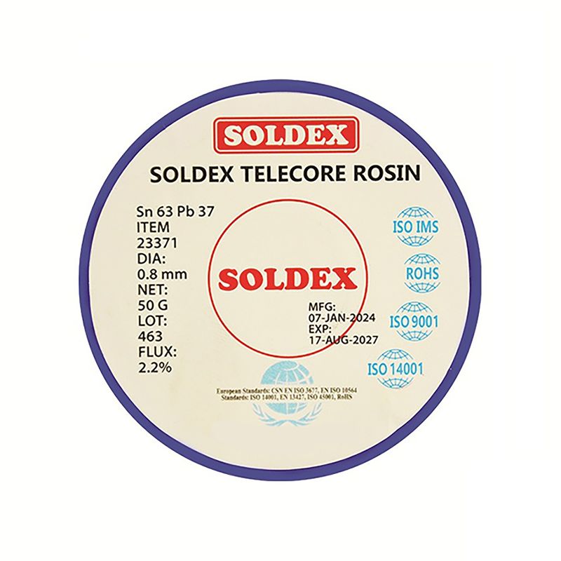 سیم لحیم سولدکس مدل soldex sn63 pb37 وزن 50 گرم ضخامت 0.8 میلی متر